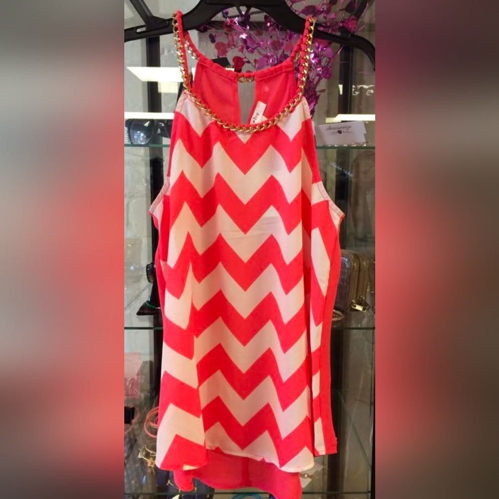 Pink and White Chevron Halter With Gold Chain Strap Halter Neck Detail